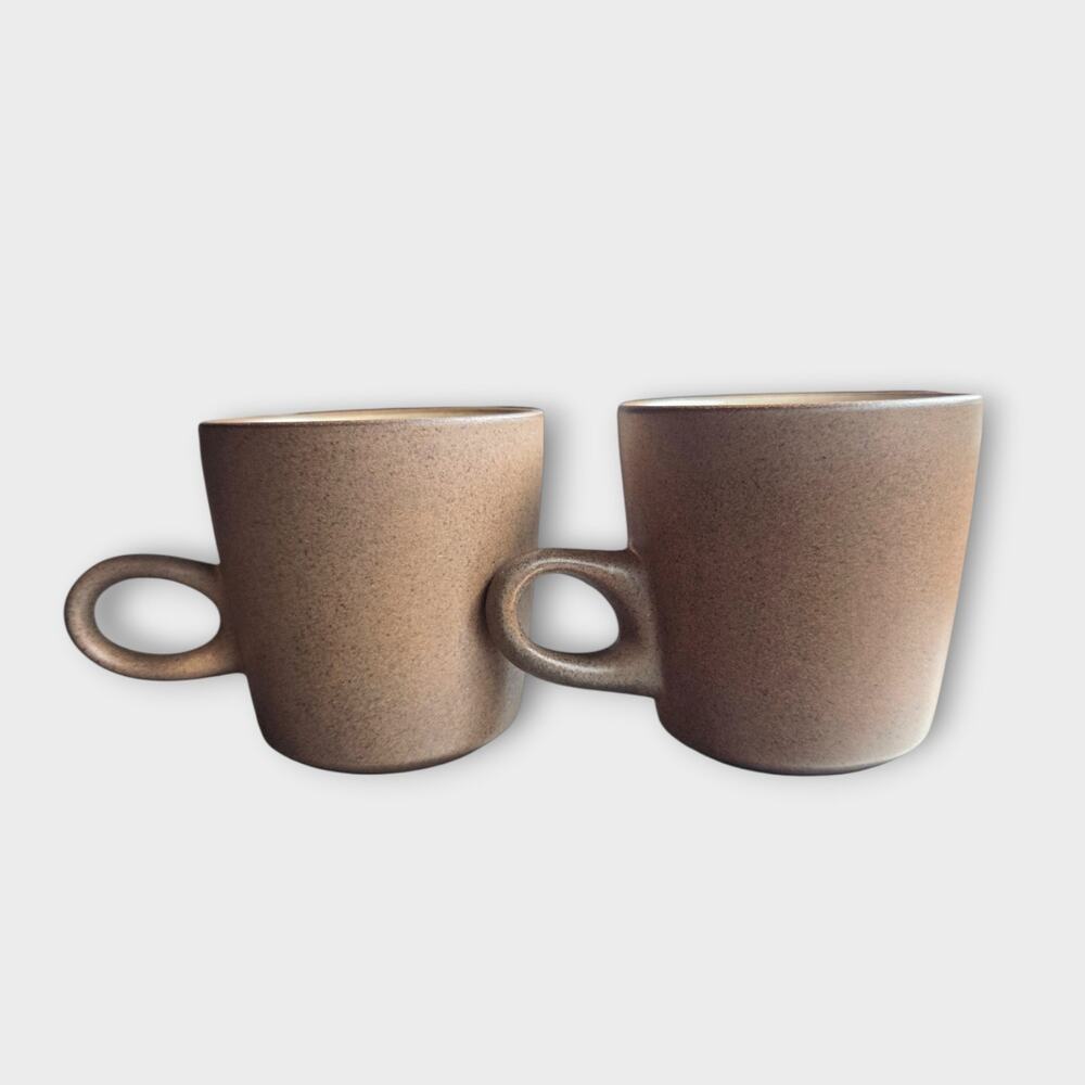 2 Vintage Heath Ceramics Sandstone Tan Low Handle Mugs MCM 60s-70s Made in USA